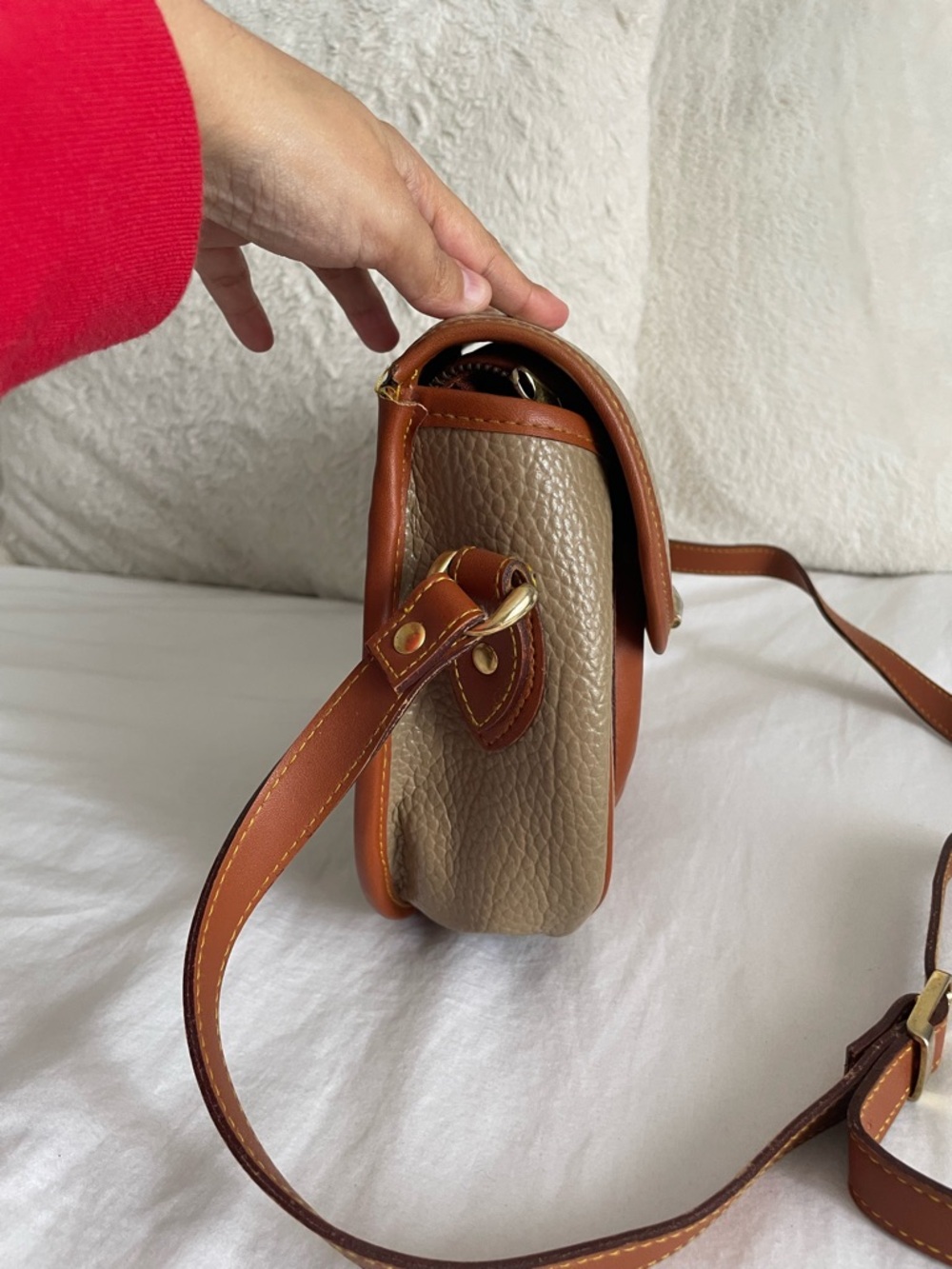Dooney & Bourke Vintage Crossbody Saddle Bag in Taupe and Cognac - Picture 4 of 9